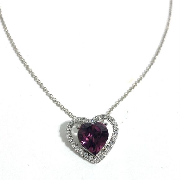 Purple Rhinestone Heart Pendant Necklace Silver Tone Dainty Chain Birthstone - Picture 1 of 7